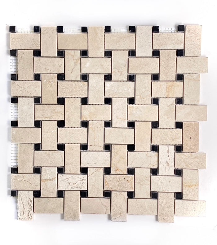 Crema Marfil Marble Basketweave with Black Dots Polished Mosaic Tile