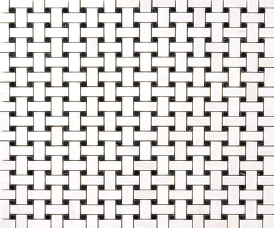 Bianco Dolomite Marble Basketweave with Black Dots Polished Mosaic Tile - TILE & MOSAIC DEPOT