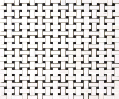 Bianco Dolomite Marble Basketweave with Black Dots Honed Mosaic Tile - TILE & MOSAIC DEPOT