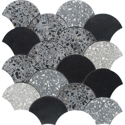 Ducale Terrazzo Black Limestone Fish Scale Mosaic Tile - TILE & MOSAIC DEPOT