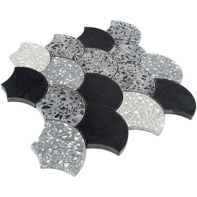 Ducale Terrazzo Black Limestone Fish Scale Mosaic Tile - TILE & MOSAIC DEPOT