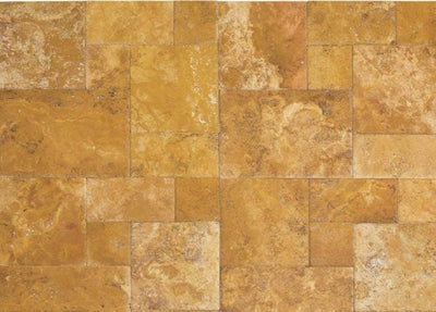 Gold Travertine Unfilled Brushed & Chiseled Versailles Pattern Tile - TILE & MOSAIC DEPOT