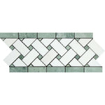 Thassos White Marble Honed Basketweave Border Ming Green Dots - TILE & MOSAIC DEPOT