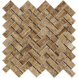 1 x 2 Unfilled Polished Noce Travertine Herringbone Mosaic Tile.