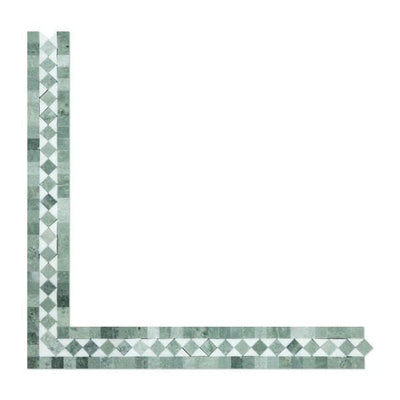 2 x 12 Polished Thassos White Marble BIAS Border w/ Ming Green Dots.