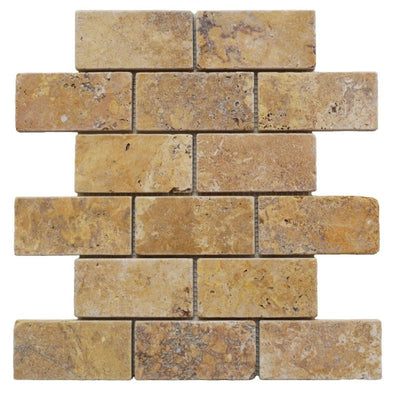 Gold Travertine 2x4 Tumbled Mosaic Tile.