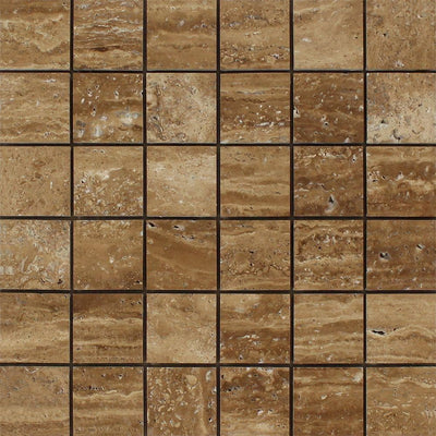 2 x 2 Unfilled Vein Cut Noce Travertine Mosaic Tile.