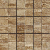 2 x 2 Unfilled Polished Noce Travertine Mosaic Tile.