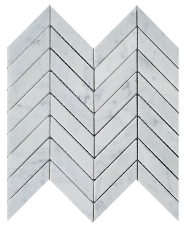 White Carrara Chevron Honed 10.75 x 11 Mosaic Tile.