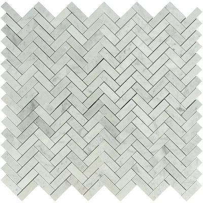 White Carrara Marble 1x3 Herringbone Polished Mosaic Tile - TILE AND MOSAIC DEPOT