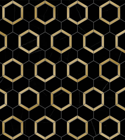 Nero Marquina Marble Hexagon Brass Mosaic Tile - TILE & MOSAIC DEPOT