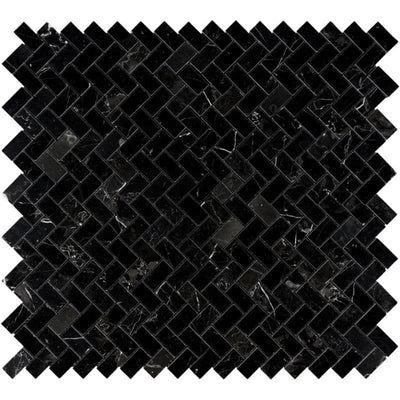 Nero Marquina Marble 1x2 Herringbone Polished Mosaic Tile - TILE AND MOSAIC DEPOT