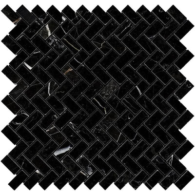 Nero Marquina Marble 5/8x1 1/4 Mini Herringbone Polished Mosaic Tile - TILE AND MOSAIC DEPOT