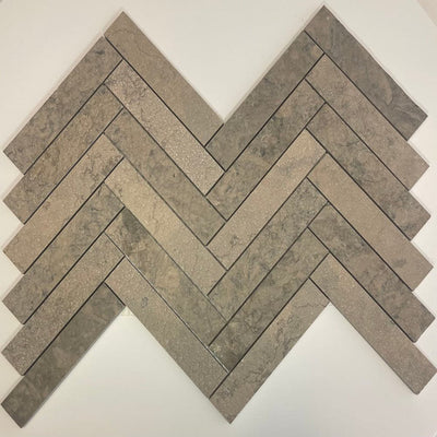 Nova Gray 1x6 Antique Look Herringbone Limestone Mosaic Tile.