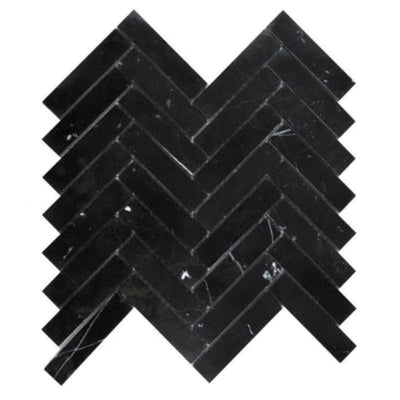 Nero Marquina Marble 1x4 Herringbone Polished Mosaic Tile - TILE AND MOSAIC DEPOT