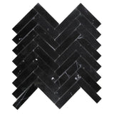 Nero Marquina Marble 1x4 Herringbone Honed Mosaic Tile.