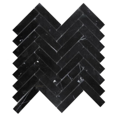 Nero Marquina Marble 1x4 Herringbone Honed Mosaic Tile.