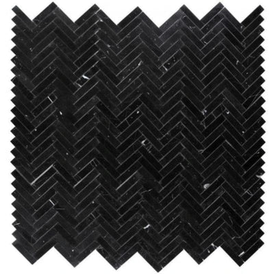 Nero Marquina Marble 1x4 Herringbone Polished Mosaic Tile - TILE AND MOSAIC DEPOT