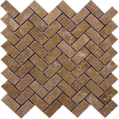 Noce Travertine 1x2 Herringbone Tumbled Mosaic Tile - TILE AND MOSAIC DEPOT