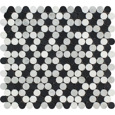 White Carrara Thassos Black Marble Penny Round Polished Mosaic Tile - TILE AND MOSAIC DEPOT