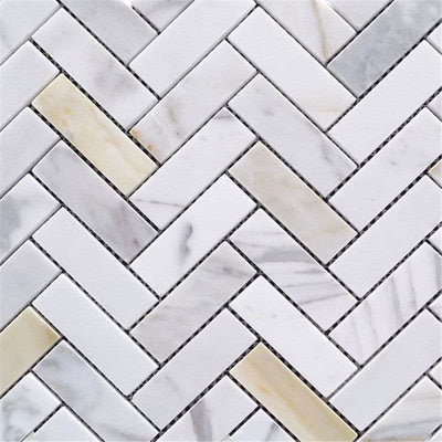 Calacatta Gold Marble 1x3 Herringbone Polished Mosaic Tile - TILE AND MOSAIC DEPOT