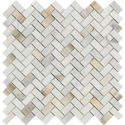 Calacatta Gold Marble Mini Herringbone Polished Mosaic Tile - TILE AND MOSAIC DEPOT