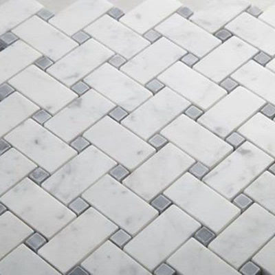 White Carrara Marble Honed Basketweave w/Gray Dots Mosaic Tile - TILE AND MOSAIC DEPOT