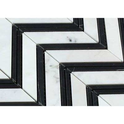 White Carrara Marble Chevron with Black Strips Polished Mosaic Tile - TILE AND MOSAIC DEPOT