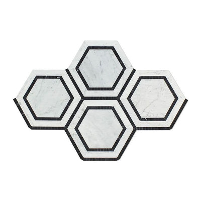 White Carrara Marble 5x5 Hexagon with Black Polished Mosaic Tile - TILE AND MOSAIC DEPOT