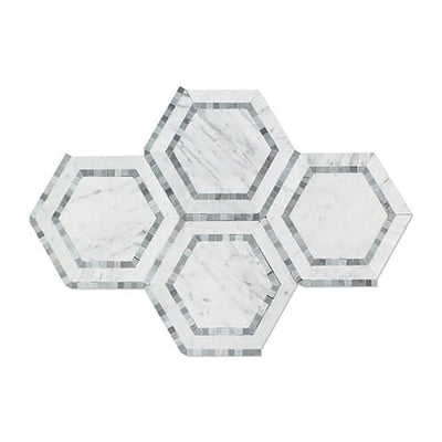 White Carrara Marble 5x5 Hexagon with Blue Polished Mosaic Tile - TILE AND MOSAIC DEPOT