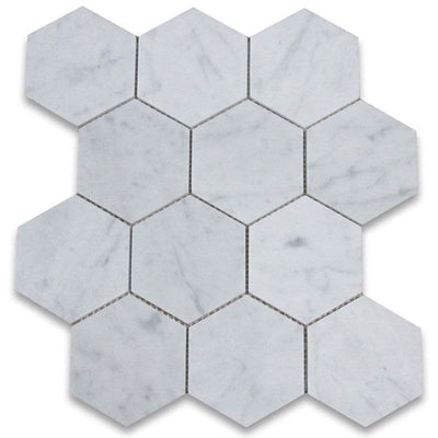 White Carrara Marble 5x5 Hexagon Polished Mosaic Tile - TILE AND MOSAIC DEPOT