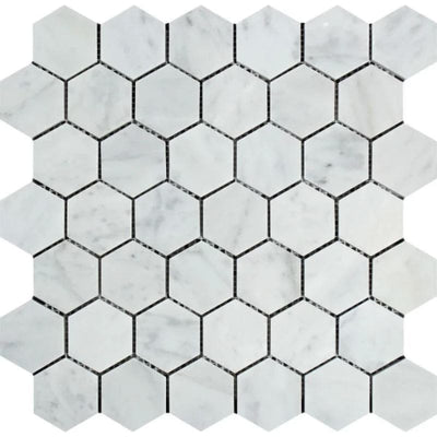 White Carrara Marble 2x2 Hexagon Honed Mosaic Tile - TILE AND MOSAIC DEPOT