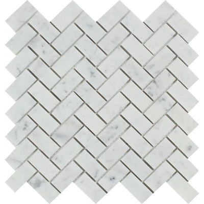 White Carrara Marble 1x2 Herringbone Honed Mosaic Tile - TILE AND MOSAIC DEPOT