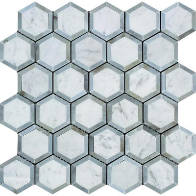 White Carrara Marble 2x2 Hexagon with Blue Polished Mosaic Tile - TILE AND MOSAIC DEPOT