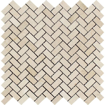 Crema Marfil Marble Mini Herringbone Polished Mosaic Tile - TILE AND MOSAIC DEPOT