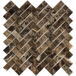 Emperador Dark Spanish Marble 1x2 Herringbone Polished Mosaic Tile - TILE AND MOSAIC DEPOT