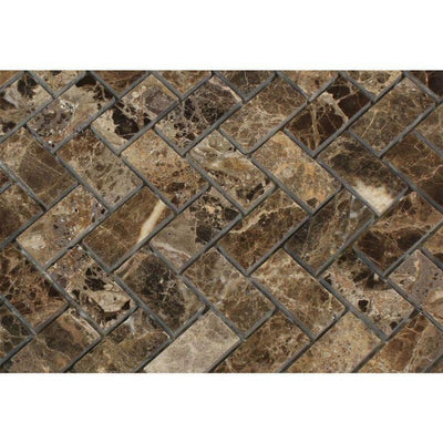 Emperador Dark Spanish Marble 1x2 Herringbone Polished Mosaic Tile - TILE AND MOSAIC DEPOT