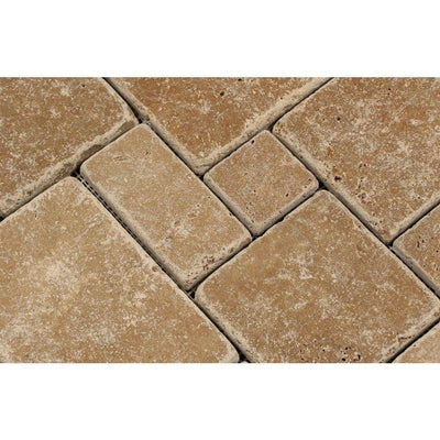 Noce Travertine Opus Mini Pattern Tumbled Mosaic Tile - TILE AND MOSAIC DEPOT