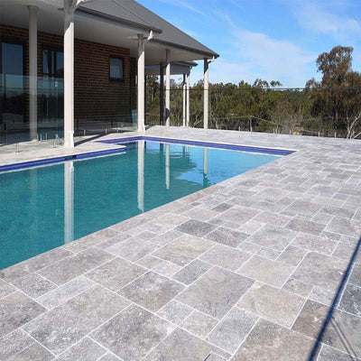 Silver Travertine 3cm Paver Tumbled Versailles Pattern - TILE AND MOSAIC DEPOT