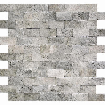 Silver Travertine 1x2 Split Face Mosaic Tile - TILE AND MOSAIC DEPOT