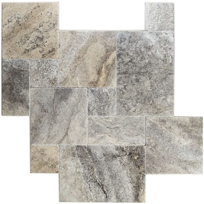 Silver Travertine Brushed and Chiseled Versailles Pattern Tile - TILE AND MOSAIC DEPOT