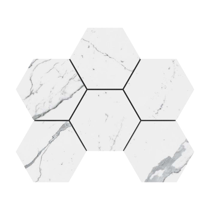 4x4 Statuario Hexagon Marble Mosaic Polished.