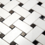 Thassos White Marble Polished Basketweave with Black Dots Mosaic Tile - TILE AND MOSAIC DEPOT