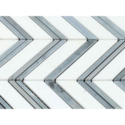 Thassos White Marble Chevron with Blue Strips Polished Mosaic Tile - TILE AND MOSAIC DEPOT