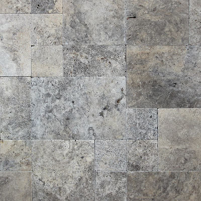 Silver Travertine 3cm Paver Tumbled Versailles Pattern - TILE AND MOSAIC DEPOT