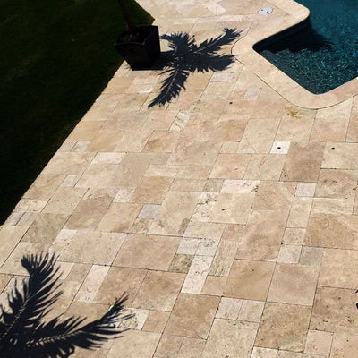 Walnut Travertine 3cm Paver Tumbled Versailles Pattern.